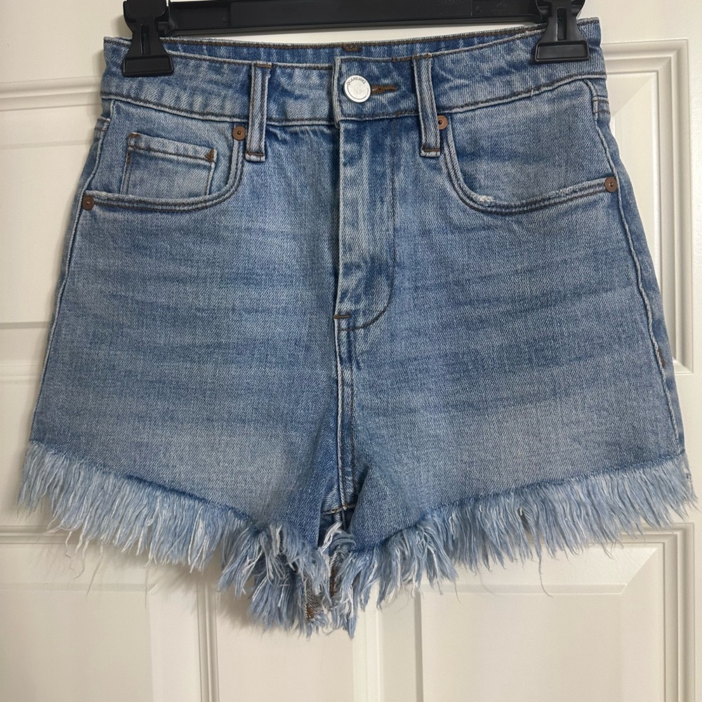 Blank NYC “The Reeve” Blue Jean Shorts with Frayed Hem